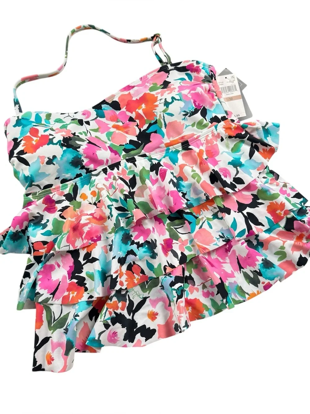 Island Escape Honey Bloom Floral Tiered Ruffle Tankini Swim Bathing Suit Top 12